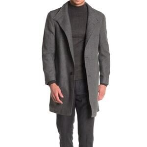 Nordstrom Men's Large Overcoat Trim Fit Black Gray Basketweave Wool Blend